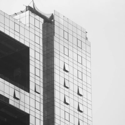 Black and white photo of a building with a window